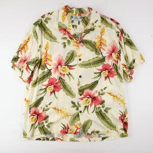 Two Palms Mens Hawaiian Shirt Large Rayon Button Up White Tropical Vacation